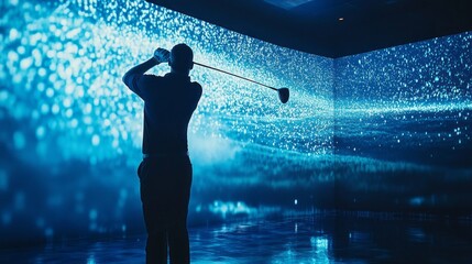 Under a mesmerizing blue backdrop, a dedicated golfer stands poised with his driver, channeling focus and athleticism. The vibrant surroundings enhance the intensity of his practice session