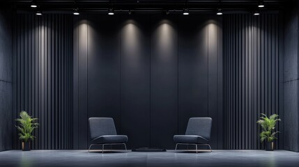 Modern Minimalist Interior Design Featuring Two Stylish Chairs with Green Plants in an Elegant Dark Room Setting with Subtle Lighting Effects