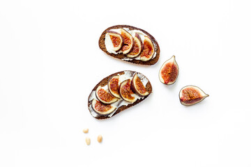 Fig sandwiches with cheese and honey for breakfast. Top view