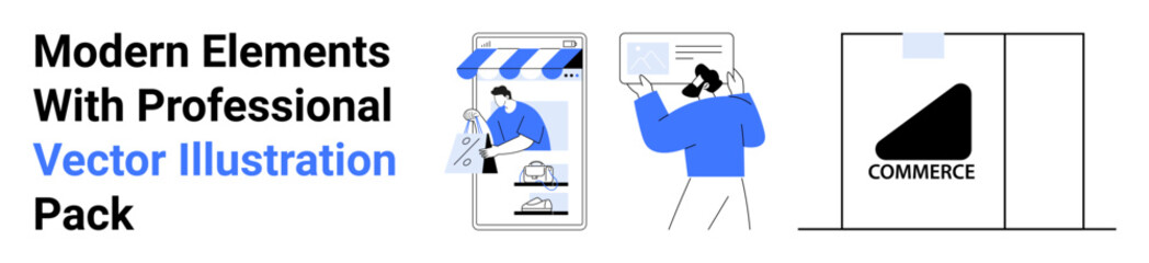 Smartphone with online store, person analyzing data on a chart, and storefront design. Ideal for e-commerce, digital marketing, data analytics, business strategy, branding, retail flat landing page