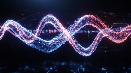 Futuristic dna structure with glowing lines and dots against a black background in motion