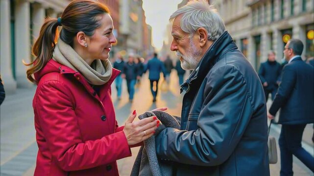 Woman gives warm blanket to homeless man on street. Day of random acts of kindness. Caring for your neighbors. Inscription.