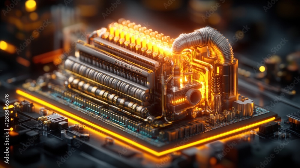 Poster computer processor with glowing yellow light and 3d networking isometric details in studio setting