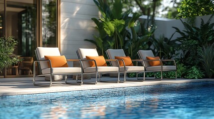 Contemporary stacking patio chairs with brushed aluminum finishes and cushioned seats, stacked neatly by a poolside lounge with a pristine blue pool and clean geometric lines,
