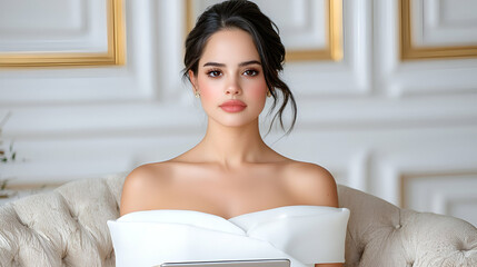Portrait of a Woman in Elegant White Off Shoulder Dress