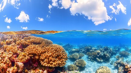 Naklejka premium Vibrant Coral Reef Under a Sunny Sky, Underwater Seascape