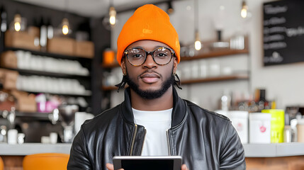 Portrait of a Young Black Man in a Leather Jacket and Orange Knit Hat