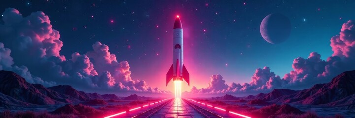 Modern rocket launchpad with futuristic architecture and neon lights , technology, innovation