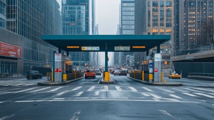 A toll booth on a bustling city street. Featuring heavy traffic and skyscrapers
