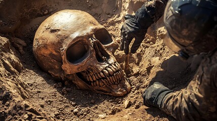 Unearthed Skull: Archaeological Dig Site Discovery AI Generated