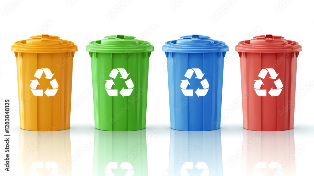 Poster colorful recycling bins sorting waste materials, supporting eco-friendly practices and efficient was