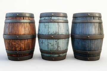 Obraz premium Three Vintage Wooden Barrels: Rustic Home Decor, Aged Wood Texture, Antique Storage Containers