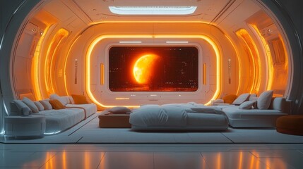 Futuristic spaceship lounge with large screen displaying a red planet.