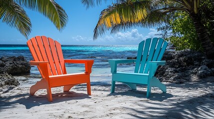 Oversized Adirondack chairs in vibrant turquoise and coral colors, positioned on a tropical beach under swaying palm trees, crystal-clear water in the background,
