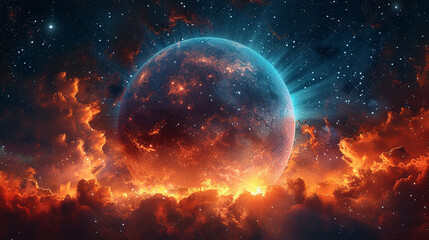 Obraz premium Fiery planet in a starlit nebula.