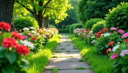 Fototapeta premium Natural stone pathway leading to a lush green lawn surrounded by blooming flowers and shrubs , garden, natural stone sidewalk