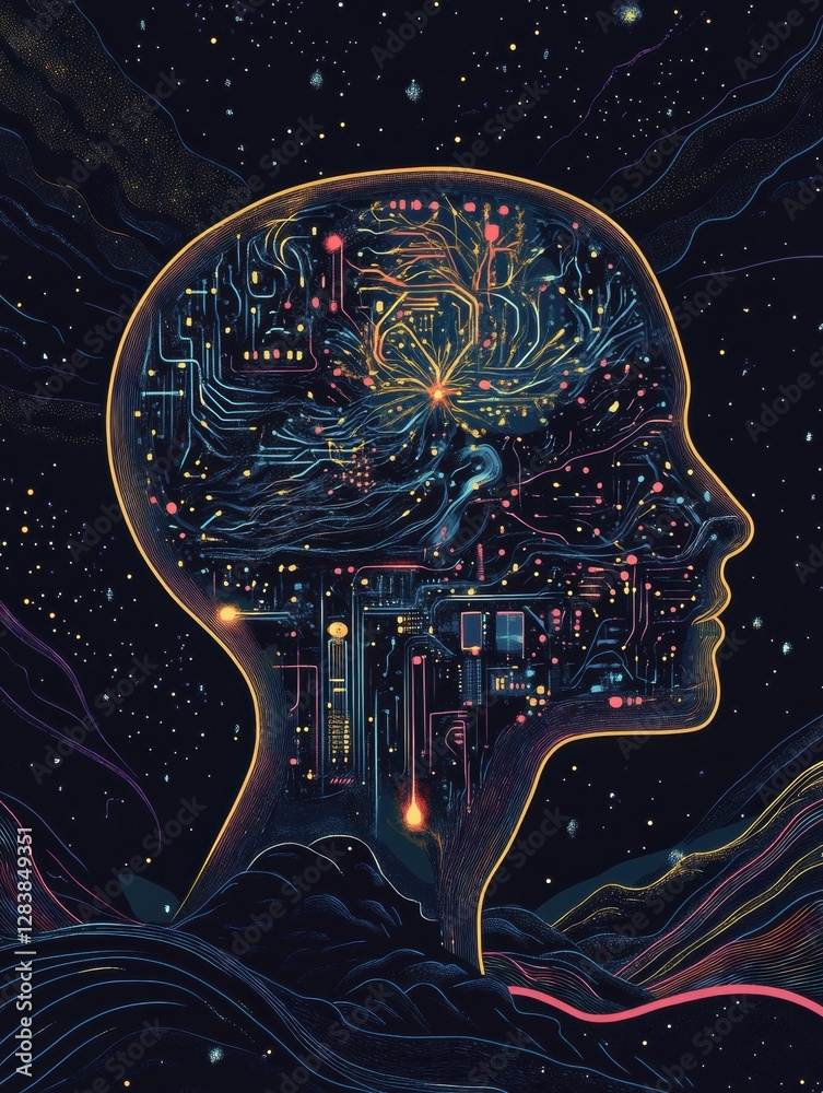 Aufkleber silhouette of a human head with glowing quantum circuits illustrating advanced technology concepts i