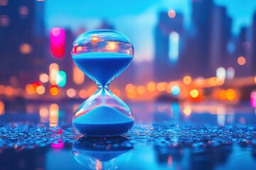 Effective Time Management in Business Captured with a Blue Sand Timer and Cityscape
