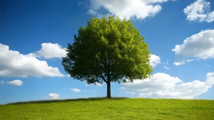 Obraz premium Green tree growing on a grassy hill under a bright blue sky with white clouds, representing concepts of nature, environment, and sustainability