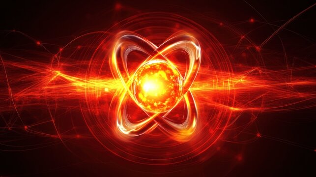 Glowing red atom model with energy trails.