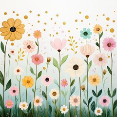 A vibrant illustration featuring a variety of colorful flowers in a whimsical and cheerful design, perfect for home decor.