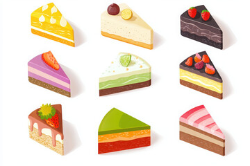 Collection of cake slices. Chocolate, strawberry, red velvet, vanilla, matcha or green tea, lemon, and blueberry cake. Isometric sweets icon. 
