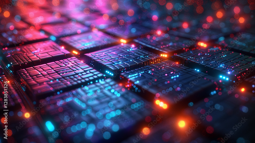 Wall mural abstract futuristic digital circuit board background with glowing, colorful light effects on pattern