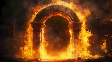 Fototapeta premium Fiery gateway to the underworld: a digital painting of a burning archway. Portal to the Netherworld. Illustration