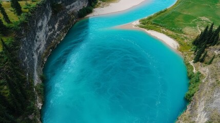 Aerial View of Turquoise River Curving through Lush Green Landscape