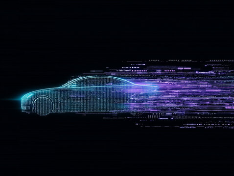 Futuristic Car in Motion: An electrifying display of technological advancement, as a digital car, composed of data streams and glowing particles, streaks across a stark backdrop, representing speed.