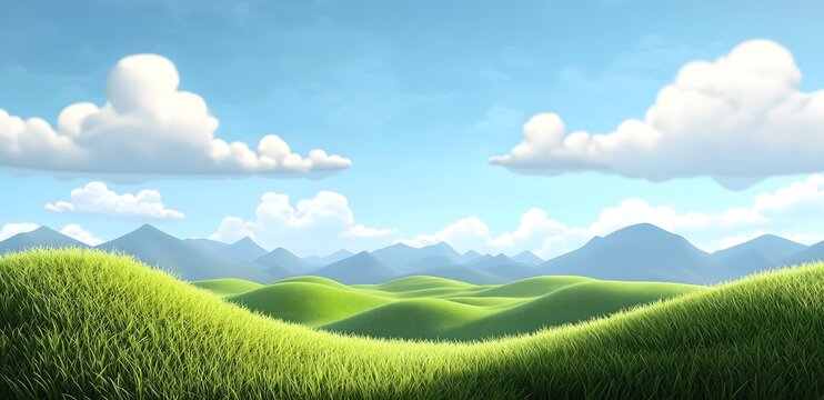 Cartoon-style landscape with rolling green hills and fluffy clouds