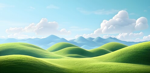 Rolling green hills under a blue sky with fluffy clouds