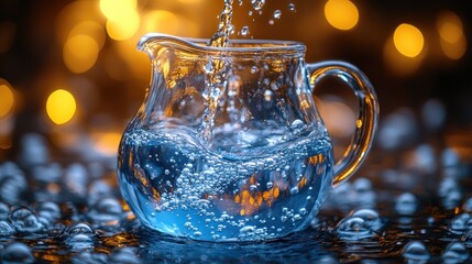 Water pouring into glass pitcher, bokeh background