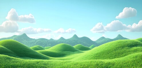 Obraz premium Cartoon green hills landscape with blue sky and clouds