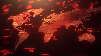 Fototapeta premium Glowing red digital world map on dark background.
