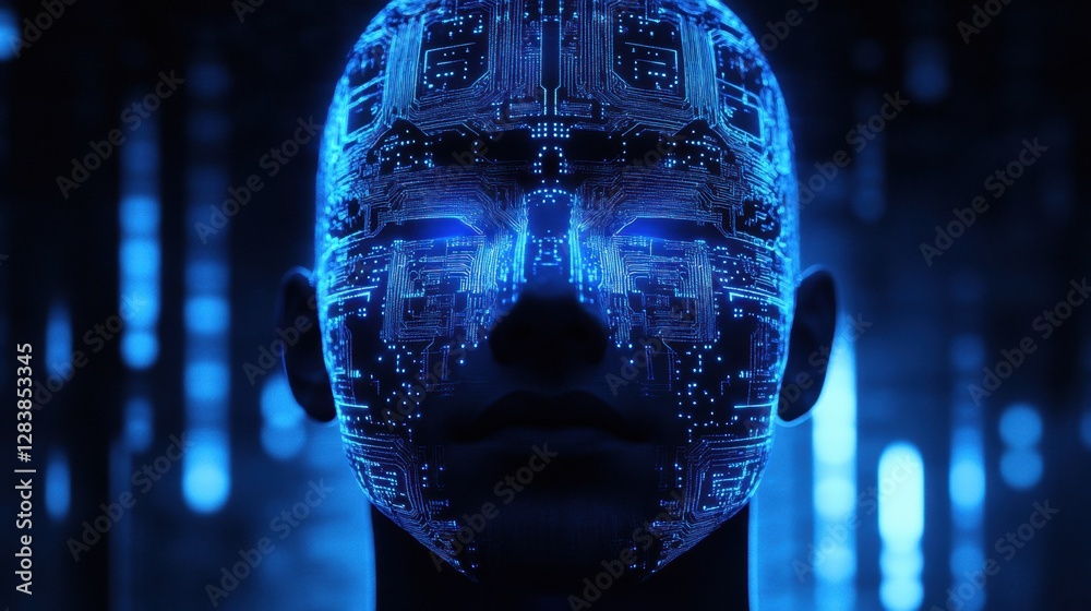 Poster Silhouette of a human head with glowing circuit board pattern representing futuristic AI technology. Generative AI
