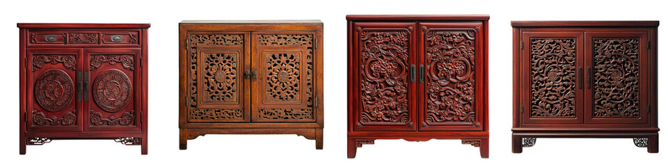 Exquisite Chinese carved wooden cabinets and chests showcasing the intricate and ornate decorative of traditional Asian interior design and architecture