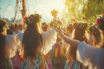 Women in floral crowns dance joyfully at summer festival sunlight glowing on their hair and dresses