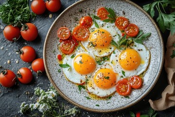 Sunny side up eggs with cherry tomatoes and herbs delicious breakfast