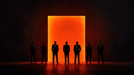 Fototapeta premium Group of businessmen in black suits silhouetted against a vibrant glowing orange backdrop in a modern architectural space, symbolizing unity and strength