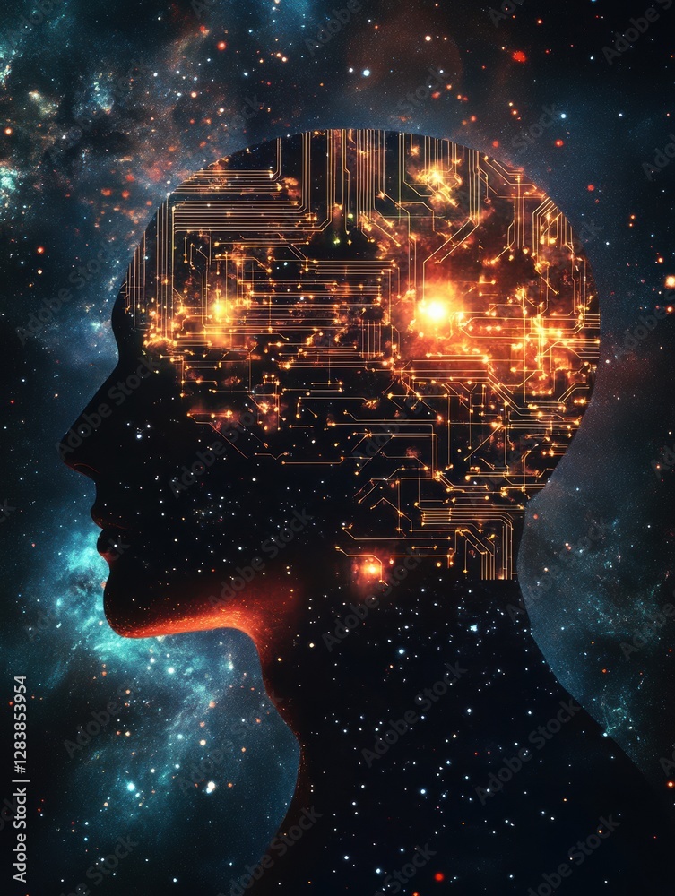 Poster Silhouette of human head with glowing quantum circuits representing advanced computing technology in a cosmic backdrop. Generative AI