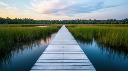 Obraz premium A serene wooden pathway stretches over a tranquil body of water, flanked by lush greenery under a colorful sky at dusk.