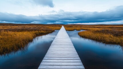 Fototapeta premium A serene wooden boardwalk stretches through golden marshlands under a cloudy sky, reflecting tranquility and natural beauty.