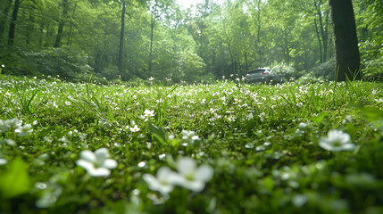 Spring meadow, car in forest background, nature scene