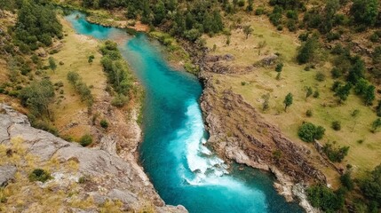Aerial View of Serene River Surrounded by Lush Green Landscape