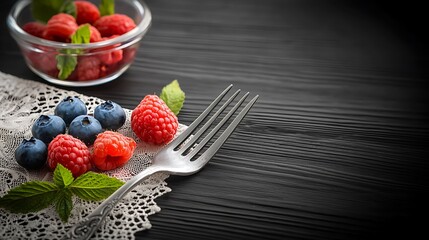 Fresh raspberries and blueberries arranged elegantly on a lace tablecloth beside a fork