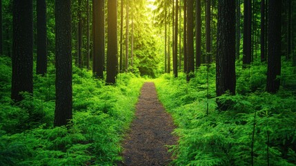 Obraz premium A serene forest path illuminated by sunlight, surrounded by lush greenery and tall trees, inviting exploration and tranquility.