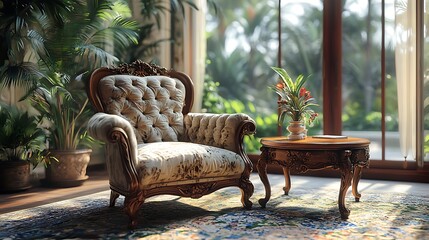 A classic lounge area with an antique velvet armchair and ornate wooden coffee table, near a bay-style glass window overlooking a serene garden,