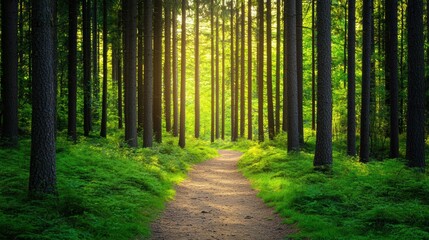Fototapeta premium A serene forest path illuminated by sunlight, surrounded by tall trees and lush greenery, inviting exploration and tranquility.