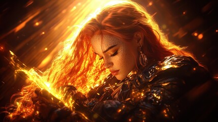 Close-up portrait of a woman with long red hair wearing a black jacket against a neutral background